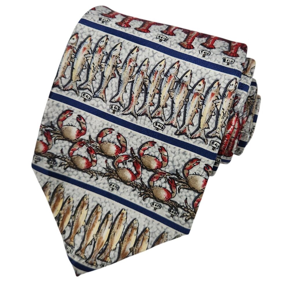 Museum Artifacts All Silk Nautical-Themed Tie Seafood Market Lobster Fish Crab